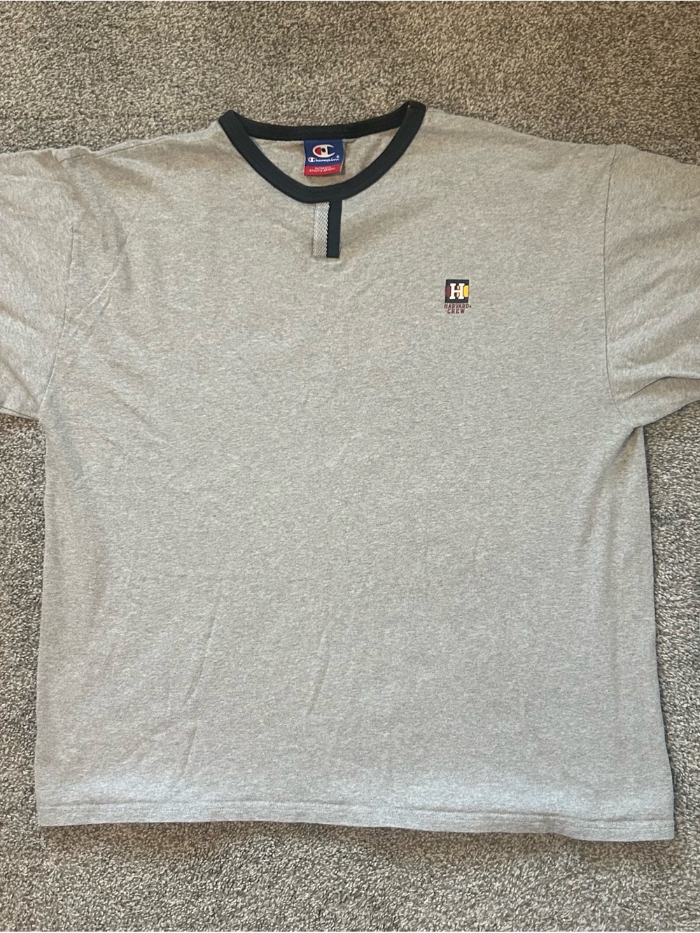 Vintage 90s Champion Harvard Crew Split Neck Shirt XL Grey Ringer Y2K